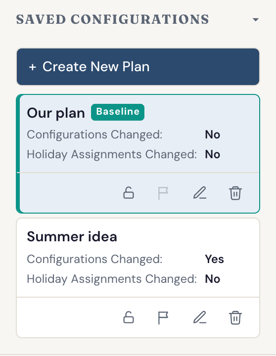 Saved configurations: a version named Our plan marked Baseline, and a Summer idea version showing what changed against it