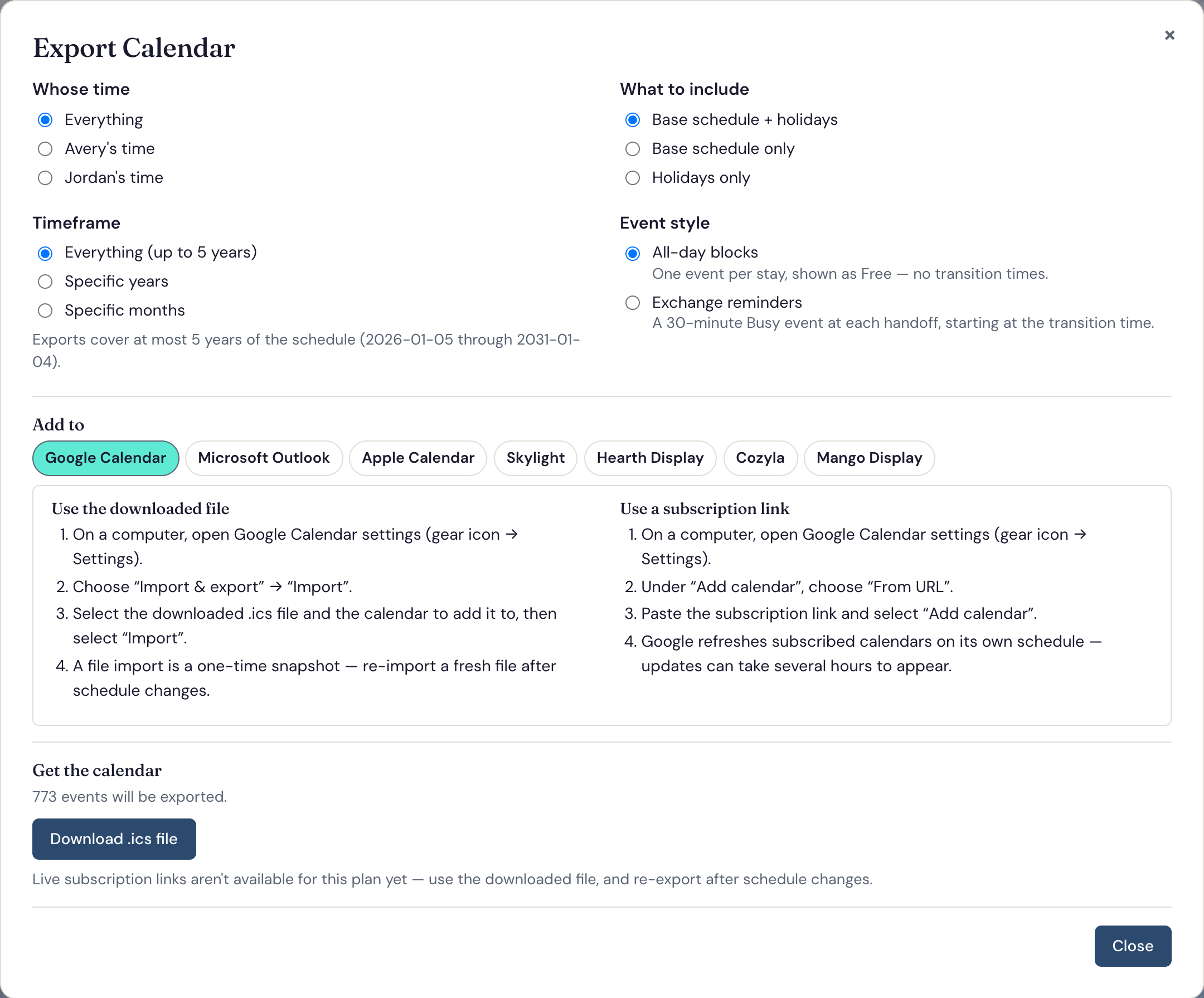 The Export Calendar dialog: whose time to export, what to include, timeframe, event style, and add-to choices for Google Calendar, Outlook, Apple Calendar, Skylight, Hearth, Cozyla and Mango Display
